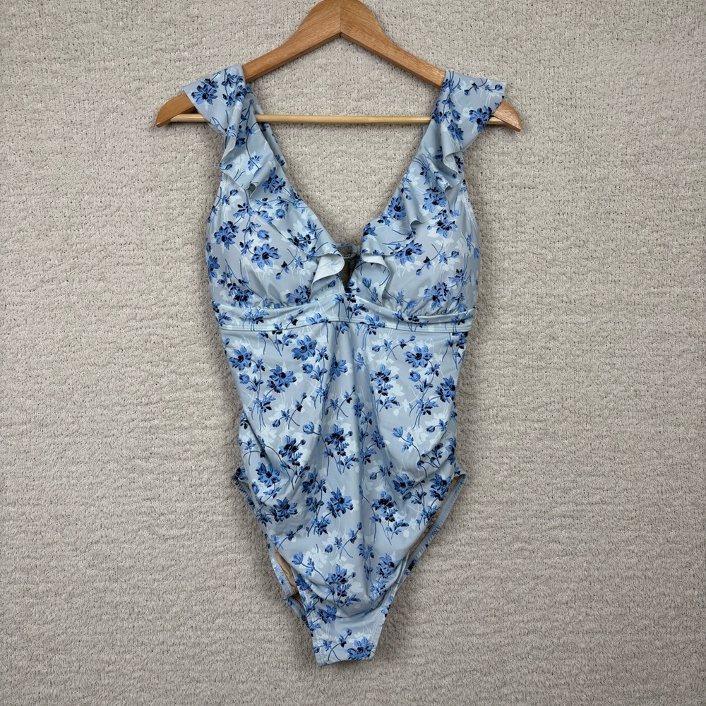 A Pea In The Pod Swimsuit Womens M Blue Floral Maternity Ruffle One‎ Piece Boho